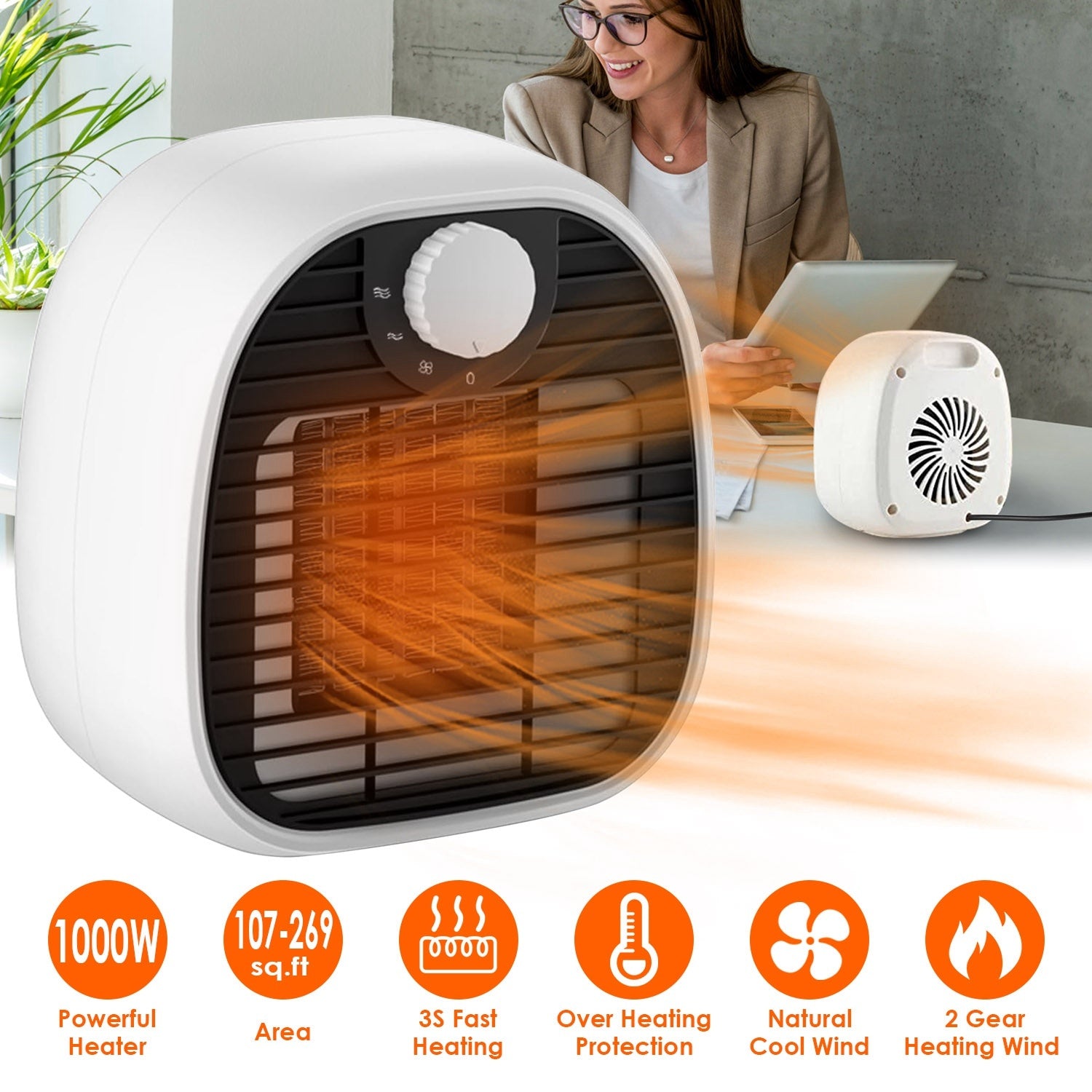 Portable Electric Heater and Fan with Adjustable Thermostat – Small Room Heater for Home or Office
